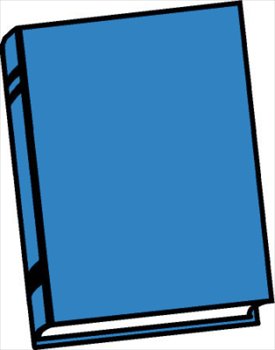 Simple blue hardcover book illustration with black outlines and white pages visible at the bottom.