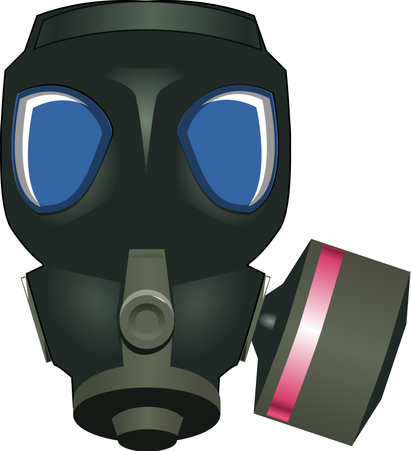 Black gas mask with blue lenses and pink-striped filter cartridge on transparent background.