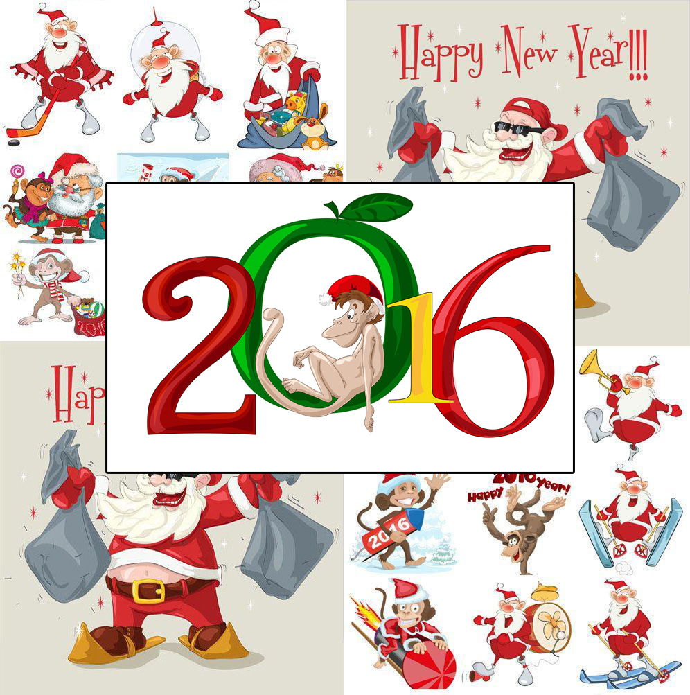 Festive 2016 New Year illustration featuring Santa Claus, a monkey in a Santa hat inside a green apple-shaped "0", and holiday-themed characters.