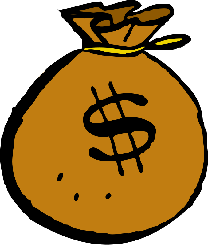 Brown money bag with black dollar sign and yellow drawstring, cartoon-style illustration.