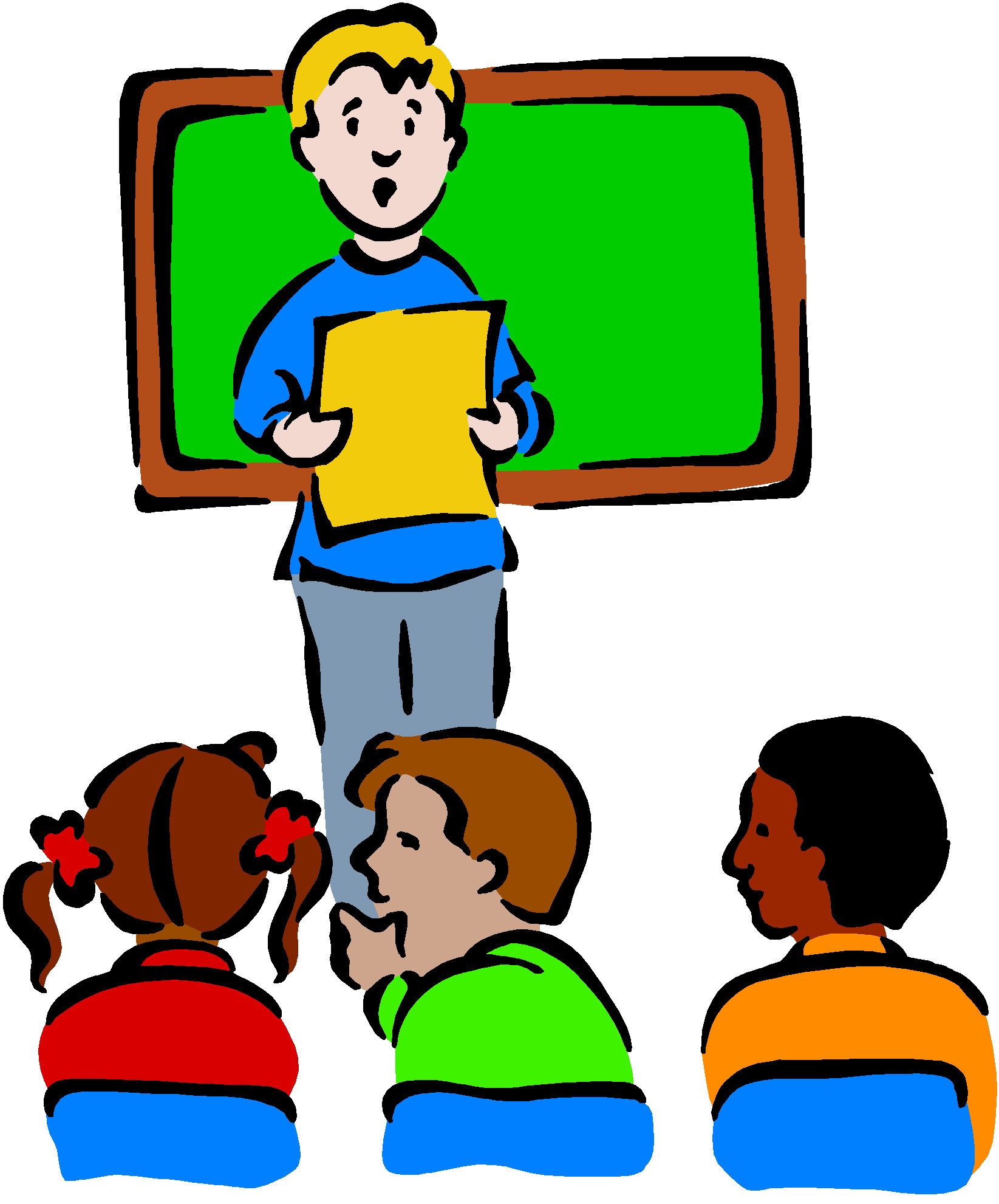 Teacher presenting to three diverse students in a classroom with green chalkboard background.