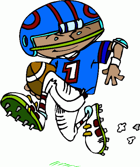 Cartoon football player in blue uniform and helmet, running with ball and cleats kicking up dirt.