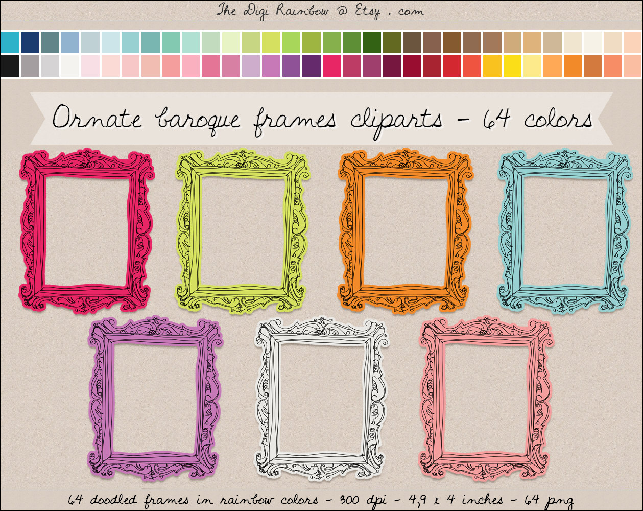 Ornate Baroque Frame Cliparts - 64 Rainbow Colors | Digital Download