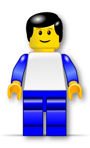 Classic LEGO minifigure with yellow head, black hair, blue torso and legs, white shirt, smiling expression.