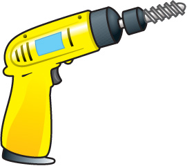 Bright yellow cordless drill with screwdriver bit, cartoon-style illustration on white background.