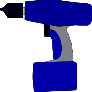 Blue cordless drill illustration with black grip and chuck, stylized vector graphic.
