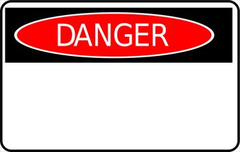 Red oval "DANGER" warning sign on black and white background, standard safety label design.