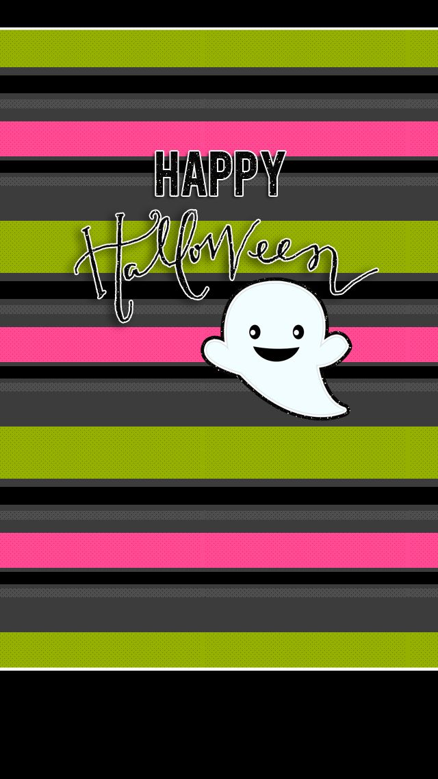 Cheerful white ghost with smile on striped pink, green, and gray Halloween background with "Happy Halloween" text.