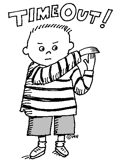 A cartoon boy with a stern expression, arms crossed, and "TIME OUT!" written above him.
