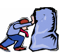 A person in blue shirt and red tie pushing against a large blue boulder, symbolizing effort against resistance or challenge.