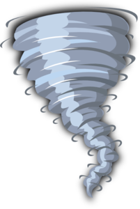 Stylized cartoon tornado with swirling gray funnel against black background.