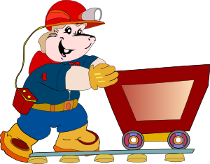 A cheerful cartoon miner in red helmet and blue overalls pushes a red mine cart on railway tracks.