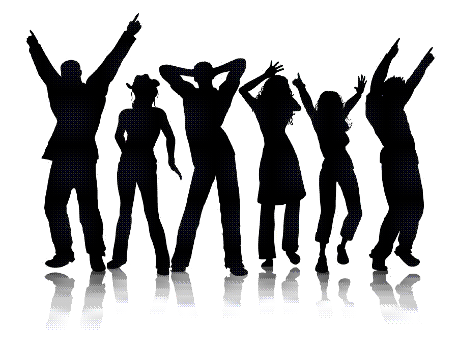 Silhouettes of six people dancing joyfully with raised arms and reflections on a white background.