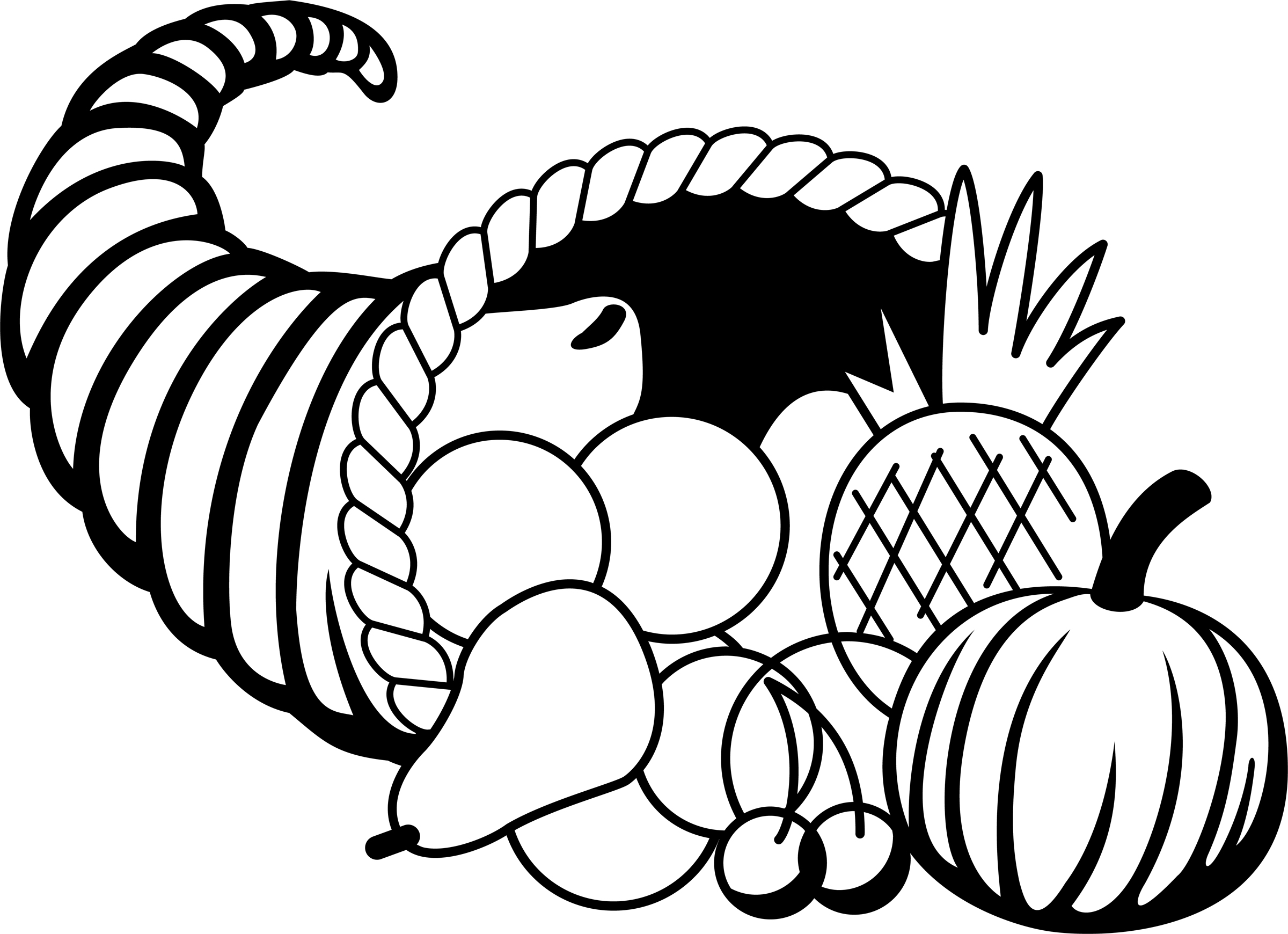 Black-and-white line drawing of a cornucopia overflowing with fruits and vegetables including pumpkin, pineapple, pears, and cherries.