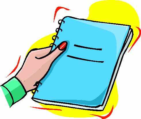 Hand with red nail polish holding a blue spiral-bound notebook against a yellow background.