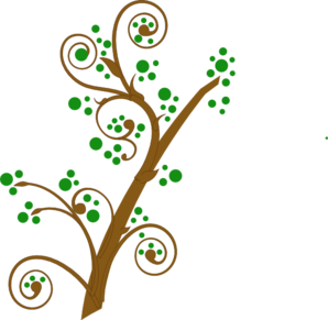 Stylized brown tree with swirling branches and green leaf clusters on black background.