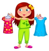 A cheerful cartoon girl with red hair holds up two colorful dresses-one pink with yellow polka dots and one blue with white stars-on hangers.