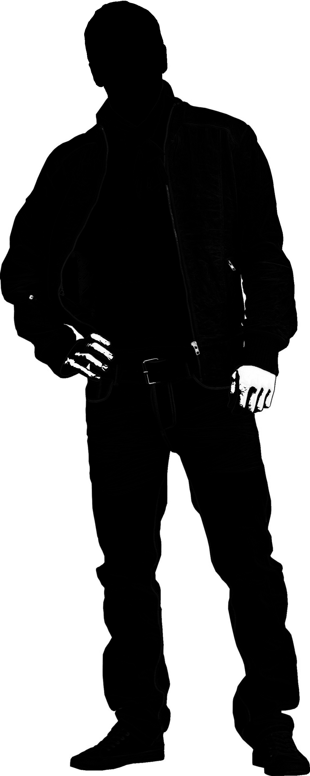 Silhouette of a man in a bomber jacket, jeans, and sneakers with hands on hips, white gloves visible against black outfit.