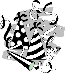 Black-and-white party scene with striped and polka-dot hats, streamers, confetti, and a noisemaker.
