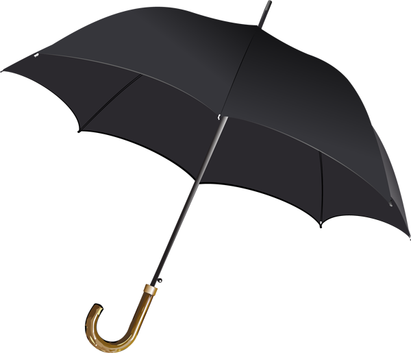 Elegant black umbrella with gold-handled crook, open against dark background