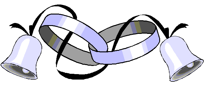 Two silver wedding bells tied together with intertwined lavender and gray ribbons.