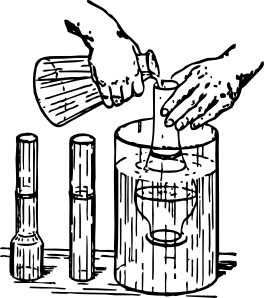 Line drawing of gas collection over water: hand pours liquid into inverted cylinder in water-filled trough.