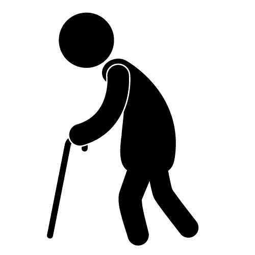 Silhouette of an elderly person walking with a cane, bent posture indicating age or mobility challenge.