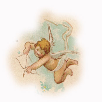 Cherubic Cupid with bow and arrow, flying amidst soft clouds and floral accents in vintage illustration style.
