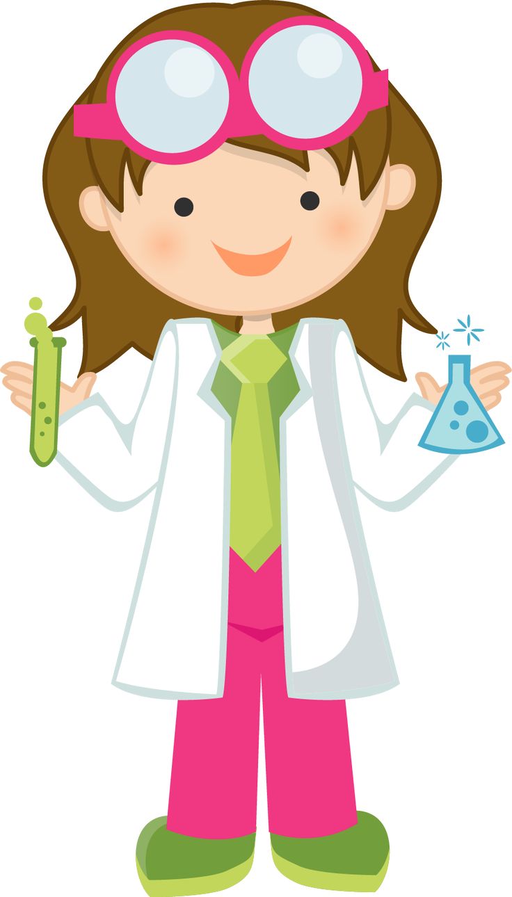 Smiling cartoon girl scientist in lab coat and pink goggles holding a test tube and flask with bubbling liquids.