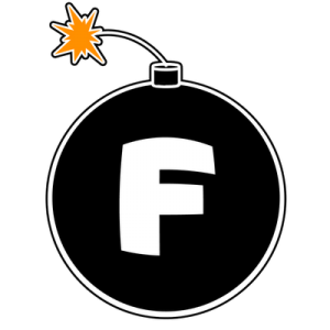 Cartoon bomb icon with white "F" inside and orange fuse spark, on black background.