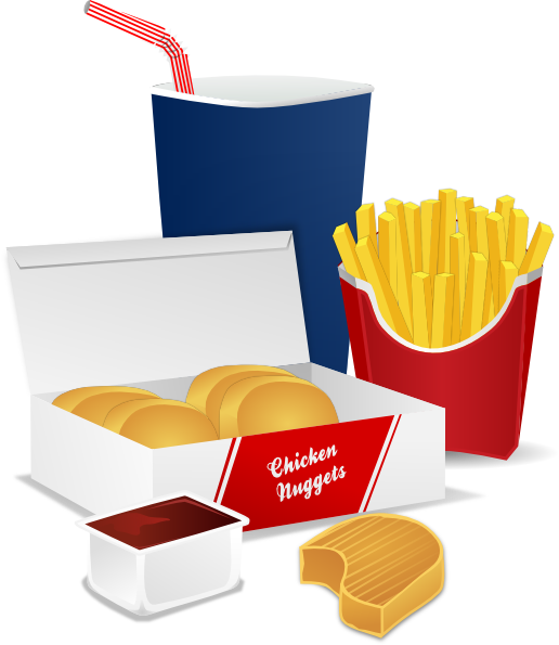 Fast food combo meal with chicken nuggets, fries, soda, and dipping sauce.