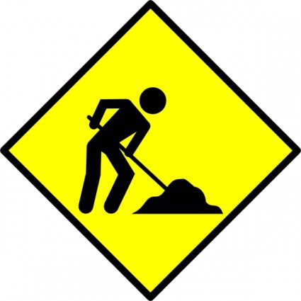 Yellow diamond-shaped road sign showing a black silhouette of a worker shoveling dirt, indicating construction ahead.
