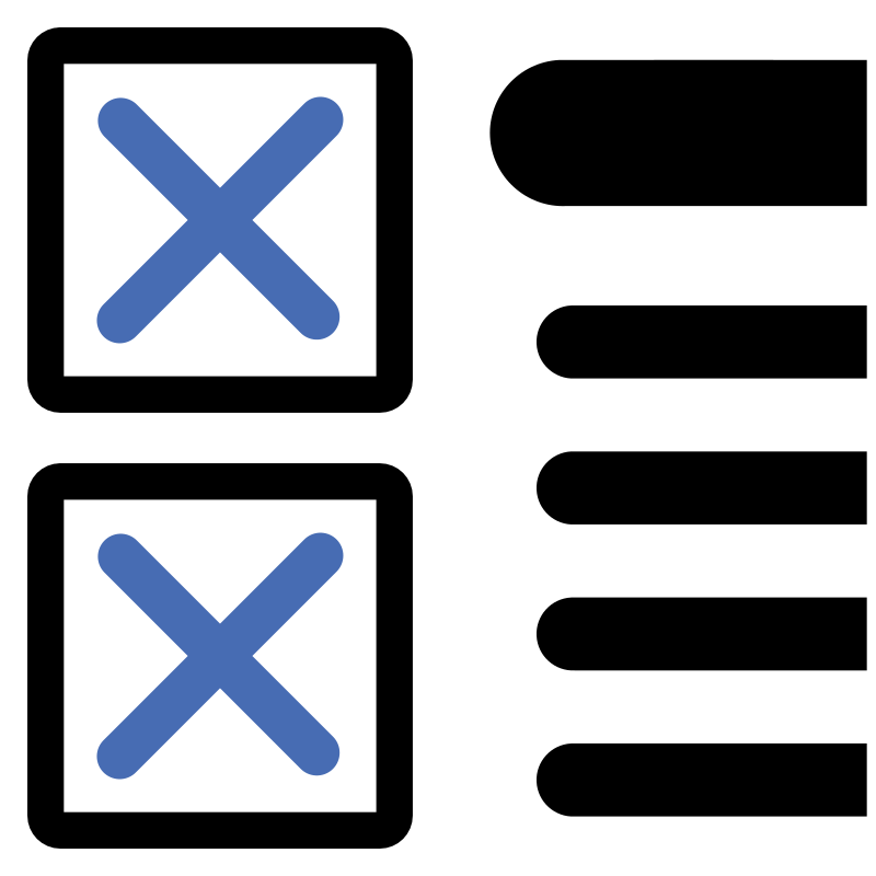 Two error icons with blue X marks inside white boxes, next to a vertical list of black bars representing form fields or inputs.