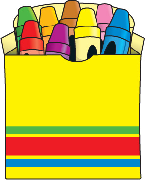 A bright yellow box filled with colorful crayons including red, green, blue, purple, orange, pink, and brown.