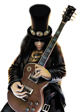 Rock guitarist in black top hat and leather jacket playing a sunburst electric guitar.
