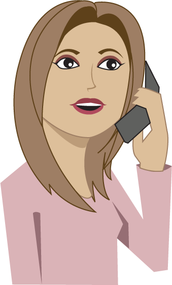Woman with brown hair in pink blouse talking on a gray telephone receiver.