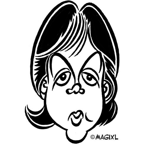Black-and-white caricature of a woman with exaggerated facial features and expressive eyes, signed ©MAGIXL.