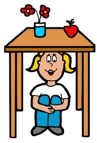 A smiling cartoon girl with blonde pigtails sits under a wooden table holding blue books, with red flowers and an apple on top.