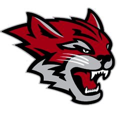 Fierce red and gray wildcat mascot logo with snarling expression and sharp teeth.