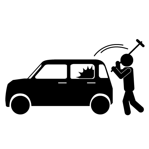 Person smashing car window with hammer, symbolizing vandalism or theft.