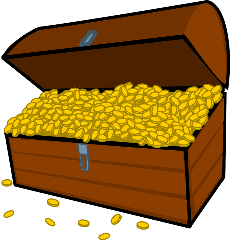 Open wooden treasure chest overflowing with golden coins, some spilling onto the floor.
