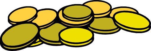 A cartoon-style pile of shiny gold coins in varying shades of yellow and olive, stacked and scattered on a black background.