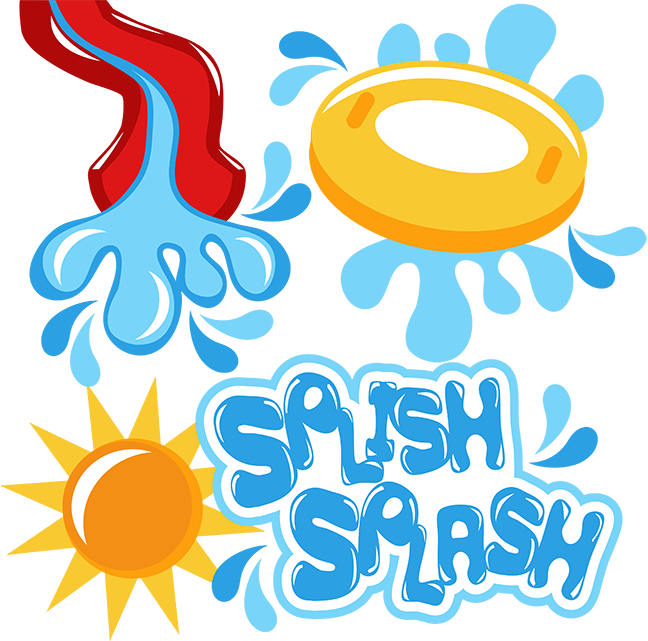 Vibrant cartoon-style illustration of red liquid splashing, a yellow floatie, sun, and "Splash Splash" text on blue water background.