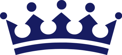 A stylized royal crown in solid navy blue with five points and circular accents, set against a white background.