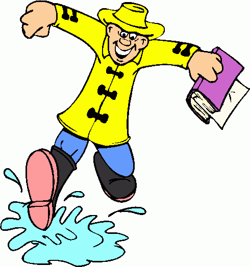 Cheerful man in yellow raincoat and boots jumping through a puddle while holding books.