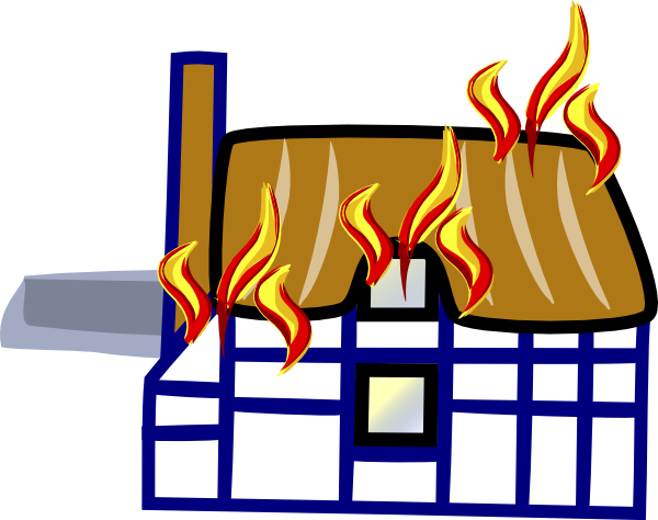 Cartoon-style half-timbered house engulfed in bright orange and yellow flames.