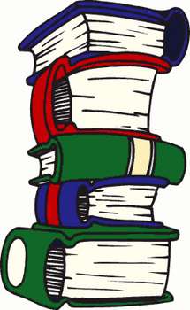 Stack of five colorful illustrated books piled unevenly, symbolizing learning and education.
