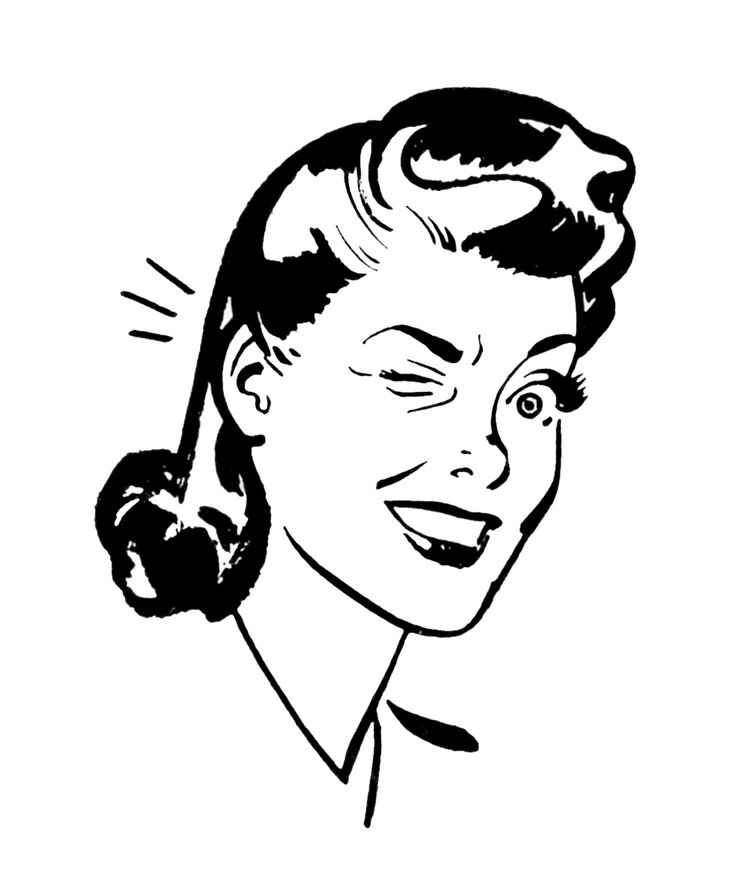 Vintage black-and-white illustration of a smiling woman winking with one eye, styled 1940s-50s hair in a bun and playful expression.
