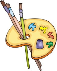 Wooden paint palette with three brushes and colorful paint blobs, including blue, yellow, red, green, and purple.