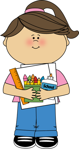 A smiling cartoon girl holding school supplies including crayons, glue, ruler, and papers.
